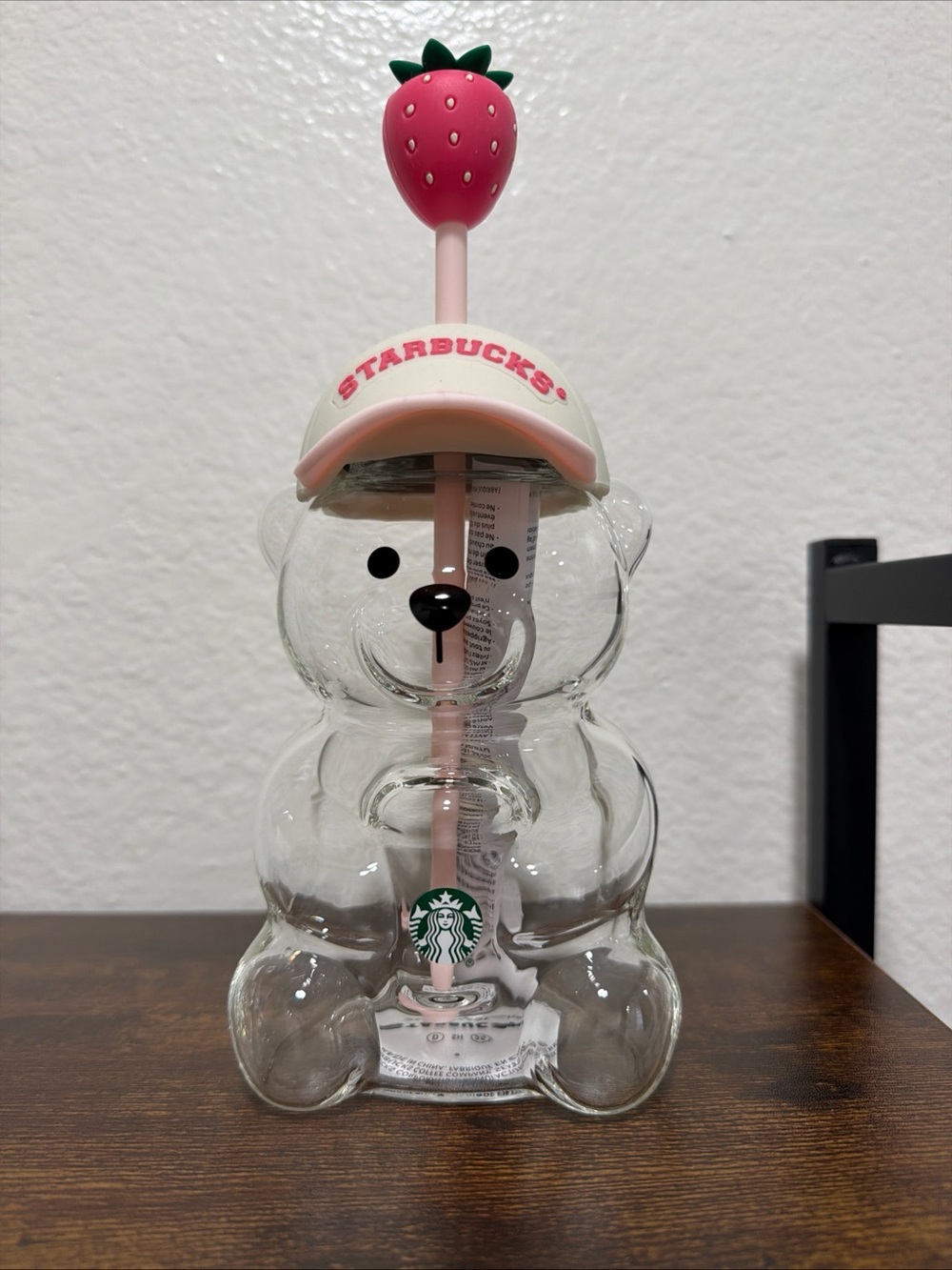Starbucks Glass Bearista Bear Cup Strawberry Straw & Hat 20oz